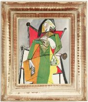 PABLO PICASSO, Femme Assise, signed in the plate, off set lithograph, vintage Montparnasse frame, 28