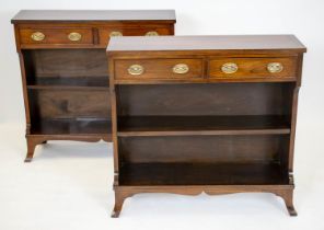 OPEN BOOKCASES, 74cm H x 80cm W x 25cm D, a pair, early 20th century mahogany and ebonised strung