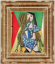 Pablo Picasso, Femme Assise Dans Un Fauteuil, Off set Lithograph, Vintage Montparnasse frame, 27.5 x