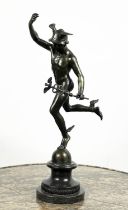BRONZE MERCURY, after Giambologna, Talos Art foundry stamp on marble base, 53cm H.