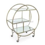COCKTAIL TROLLEY, 93cm H x 82cm W x 37cm D, Art Deco style, mirrored glass shelves, silver painted