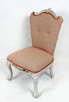 SLIPPER CHAIR, 86cm H x 52cm W, white painted, in patterned orange fabric.