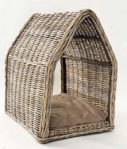 DOG BED, woven heavy duty rattan, arched with cushion, 72cm x 82cm H x 60cm.