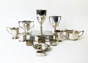 A COLLECTION OF ASSORTED SILVERWARE, comprising 1937 cigarette box, porringer, mustard pot, small