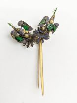 YELLOW METAL HAT PIN, in the form of birds on a branch, green jade and blue silk thread