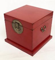 TRUNK, 55cm sq. x 50cm H, Chinese export, early 20th century, scarlet lacquered and silver metal