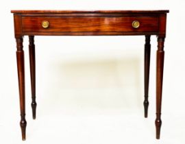 BOWFRONT WRITING TABLE, George III mahogany with single full width drawer and square section