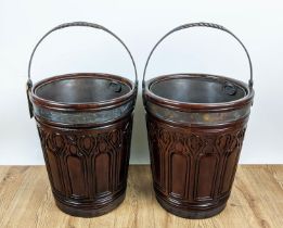 PEAT BUCKETS, a pair, reproduction gothic style design, metal lined, 75cm H at tallest including