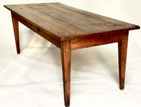 FARMHOUSE TABLE, 19th century French oak with planked and cleated top, frieze drawer and square