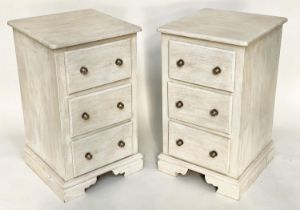 BEDSIDE CHESTS, a pair, grey painted each with three drawers, 46cm x 46cm x 78cm H. (2)