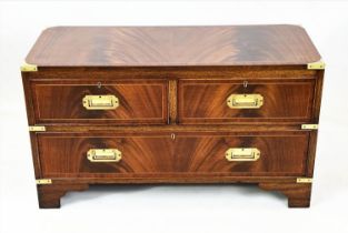 LOW CAMPAIGN STYLE CHEST, 52cm H x 92cm W x 41cm D, mahogany and brass bound of three drawers.