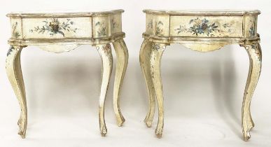 VENETIAN COMMODES, a pair, early 20th century North Italian, Venice, parcel gilt and hand painted