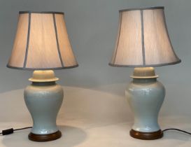 TABLE LAMPS, a pair, Chinese Duch Egg blue ceramic of ginger jar form with silk style shades, 65cm