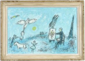 MARC CHAGALL, The painter & his double, lithograph, vintage French frame, 32 x 47 cm.