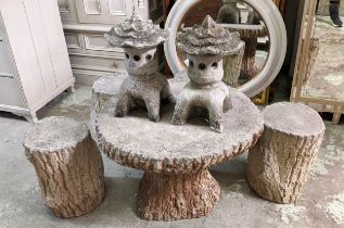 GARDEN TABLE, 57cm H x 77cm D, naturalistic design, reconstituted stone with four stools, 42cm H and