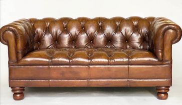 CHESTERFIELD SOFA, vintage natural deep brown deep buttoned leather, 186cm W.