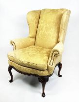 WING ARMCHAIR, 112cm H x 98cm W, Queen Anne style, walnut, in yellow fabric.