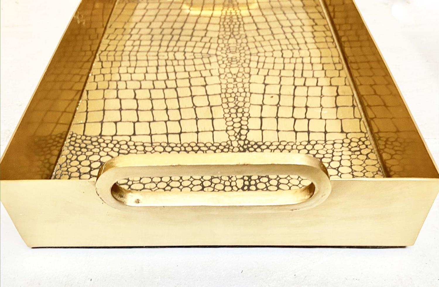 COCKTAIL TRAYS, a pair, faux crocodile embossed gilt metal design, 8cm x 49cm x 23cm. (2) - Image 2 of 4