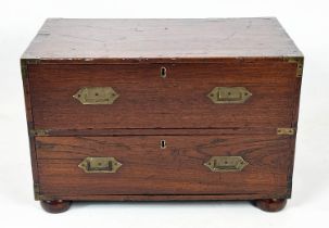 LOW CAMPAIGN CHEST, 47cm H x 74cm W x 45cm D, 19th century teak, and brass bound of two drawers with