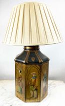 CHINESE TOLEWARE TEA CANISTER LAMP, with chinoiserie figural decoration and silk pleated shade, 70cm