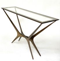 CONSOLE TABLE, bronzed steel with rectangular bevelled plate glass top and interlocking support,