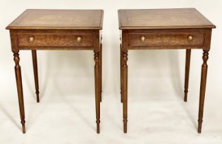 LAMP TABLES, a pair, George III design burr walnut and crossbanded each with frieze drawer and