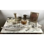 A QUANTITY OF SILVER AND SILVER PLATE, including an Art Nouveau style silver picture frame,