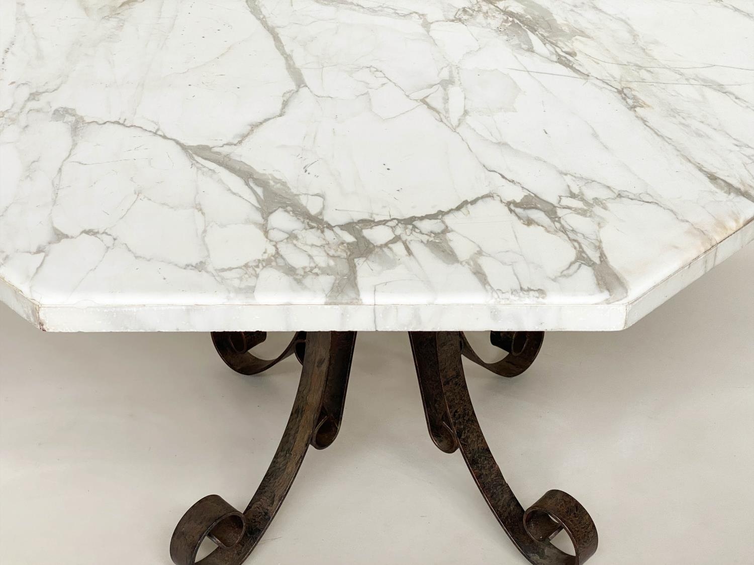 MARBLE CENTRE TABLE, octagonal Italian Arabescato marble top, raised upon wrought iron scrollwork - Image 4 of 6