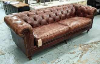 CHESTERFIELD STYLE SOFA, tan button back leather upholstered, studded detail. 220cm x 90cm x 75cm.