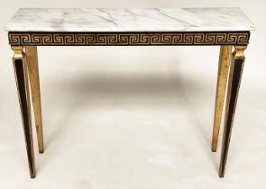 ITALIAN CONSOLE TABLE, rectangular grey veined Carrara marble top above a black and gold Greek key