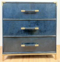 CHEST OF DRAWERS, 99cm x 46.5cm x 86.5cm, blue leathered finish, three drawers.