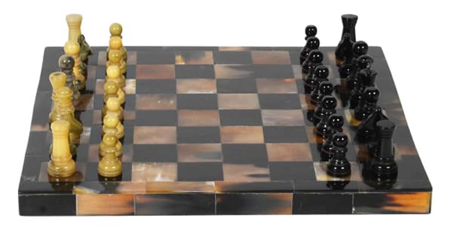 CHESS SET, faux tortoiseshell finish to board, 31cm x 31cm. - Image 3 of 5