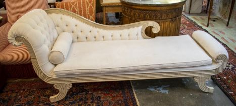 CHAISE LONGUE, 95cm H x 215cm L x 65cm, Regency style painted with white corduroy upholstery.