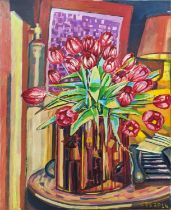 CHARLES SANDERSON (20th century British), 'Tulips in a vase', oil on canvas, signed and dated