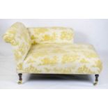 CHAISE LONGUE, 74cm H x 137cm L x 87cm, yellow toile du jouy fabric upholstered on brass castors.