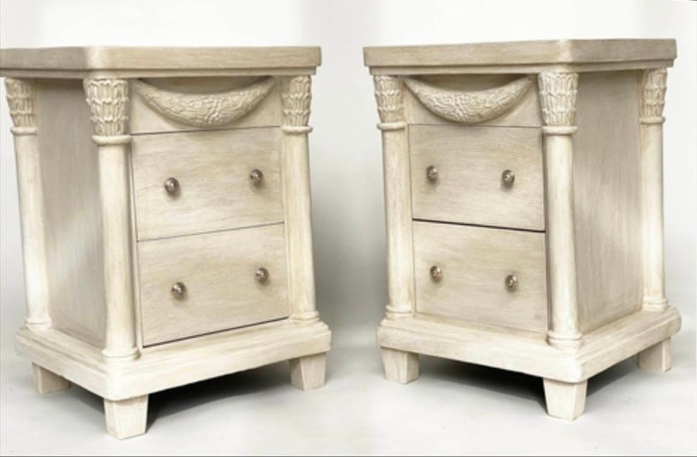 BEDSIDE CHESTS, a pair, French Empire style, grey painted with swag detail and two drawers, 50cm x - Bild 2 aus 5