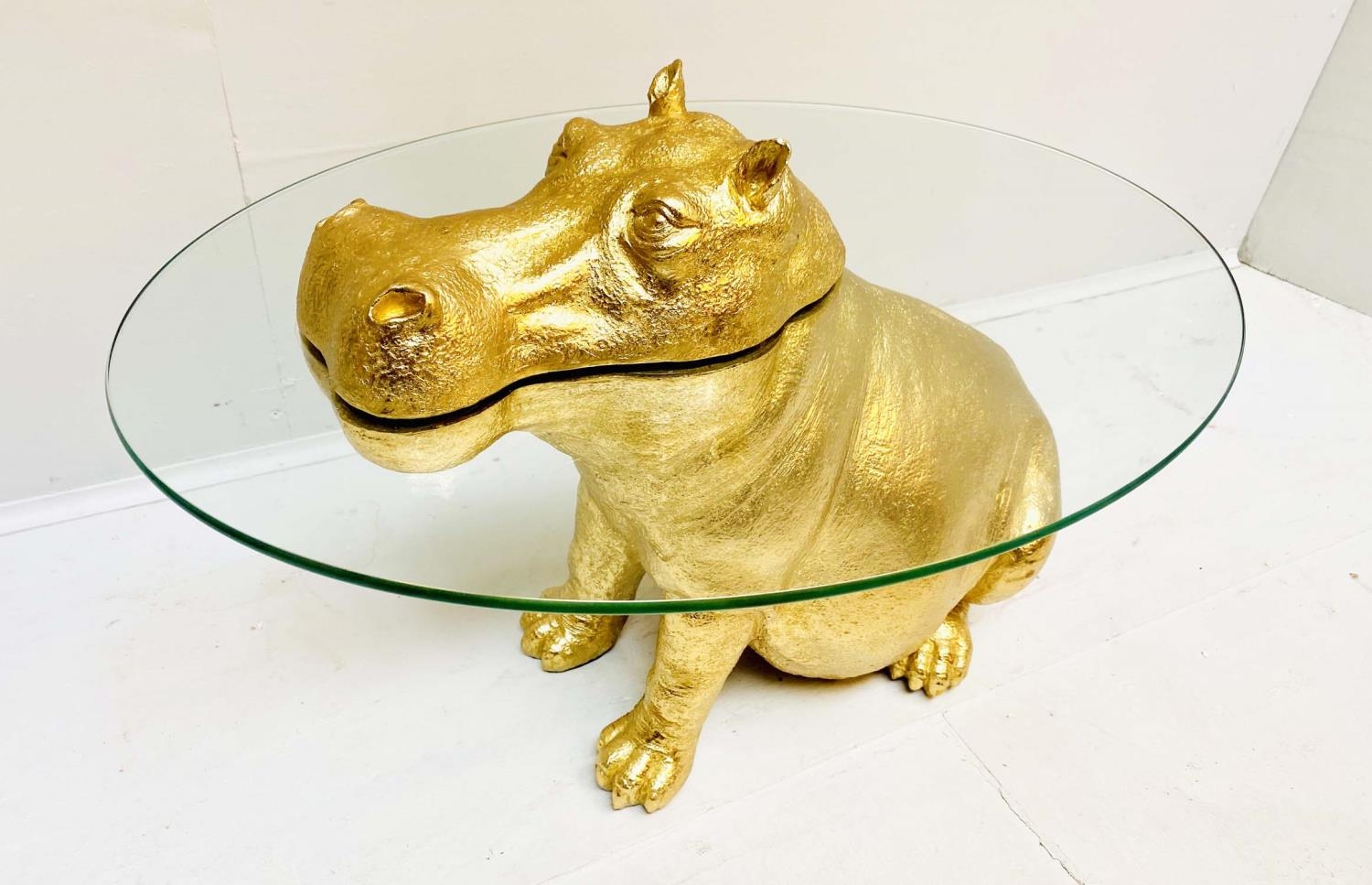 HIPPOPTAMUS LOW TABLE, 65cm x 50cm x 45cm, gilt finish to body, glass top. - Image 3 of 7