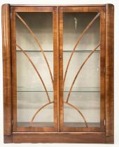 ART DECO DISPLAY CASE, early 20th century figured walnut with two glass panelled doors, sides and