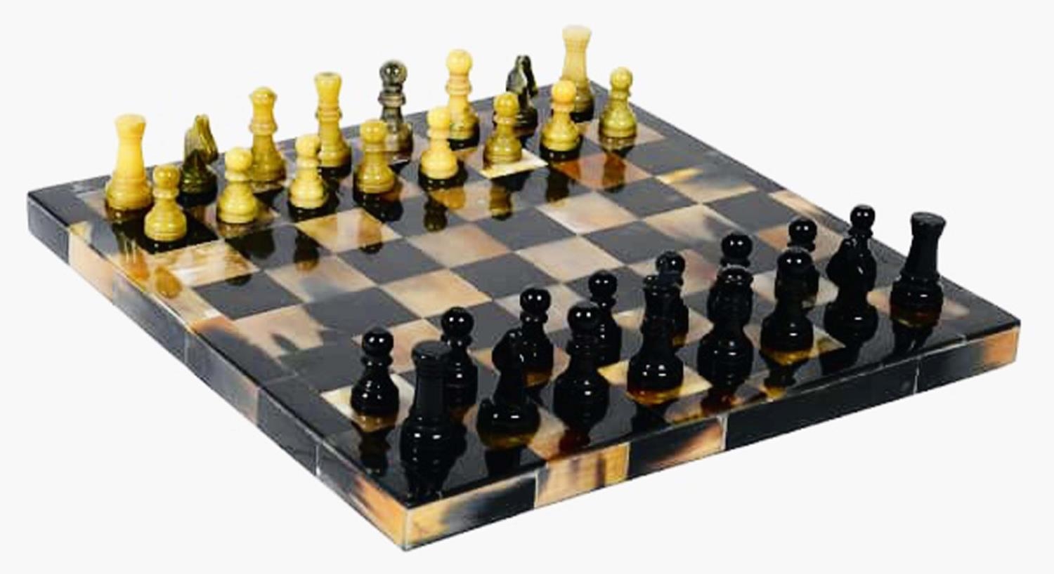 CHESS SET, faux tortoiseshell finish to board, 31cm x 31cm.