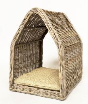 RATTAN DOG BED, woven heavy duty and arched, 72cm x 82cm H x 60cm.