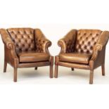 LIBRARY ARMCHAIRS, a pair George III mahogany club style, buttoned tan leather upholstered with