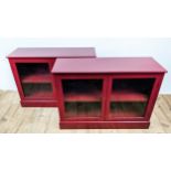 CABINETS, a pair, 103.5cm x 35cm x 74cm, red painted, each with two glazed doors, shelf in each. (2)