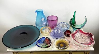 COLLECTION OF STUDIO ART GLASS, twelve varies pieces including a blue carafe and charger, 42cm diam.