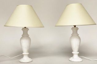 ALABASTER TABLE LAMPS, a pair, turned column alabaster with shades. (2)