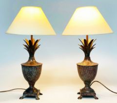 PINEAPPLE TABLE LAMPS, a pair, patinated bronze of vase form with pineapple finials and footed