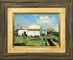 G NORMAN (20th century school), 'Continental farm scene', oil on canvas, 29cm x 39cm, framed.