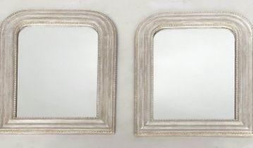 WALL MIRRORS, a pair, arched grey painted with beaded frames, 50cm W x 65cm H. (2)