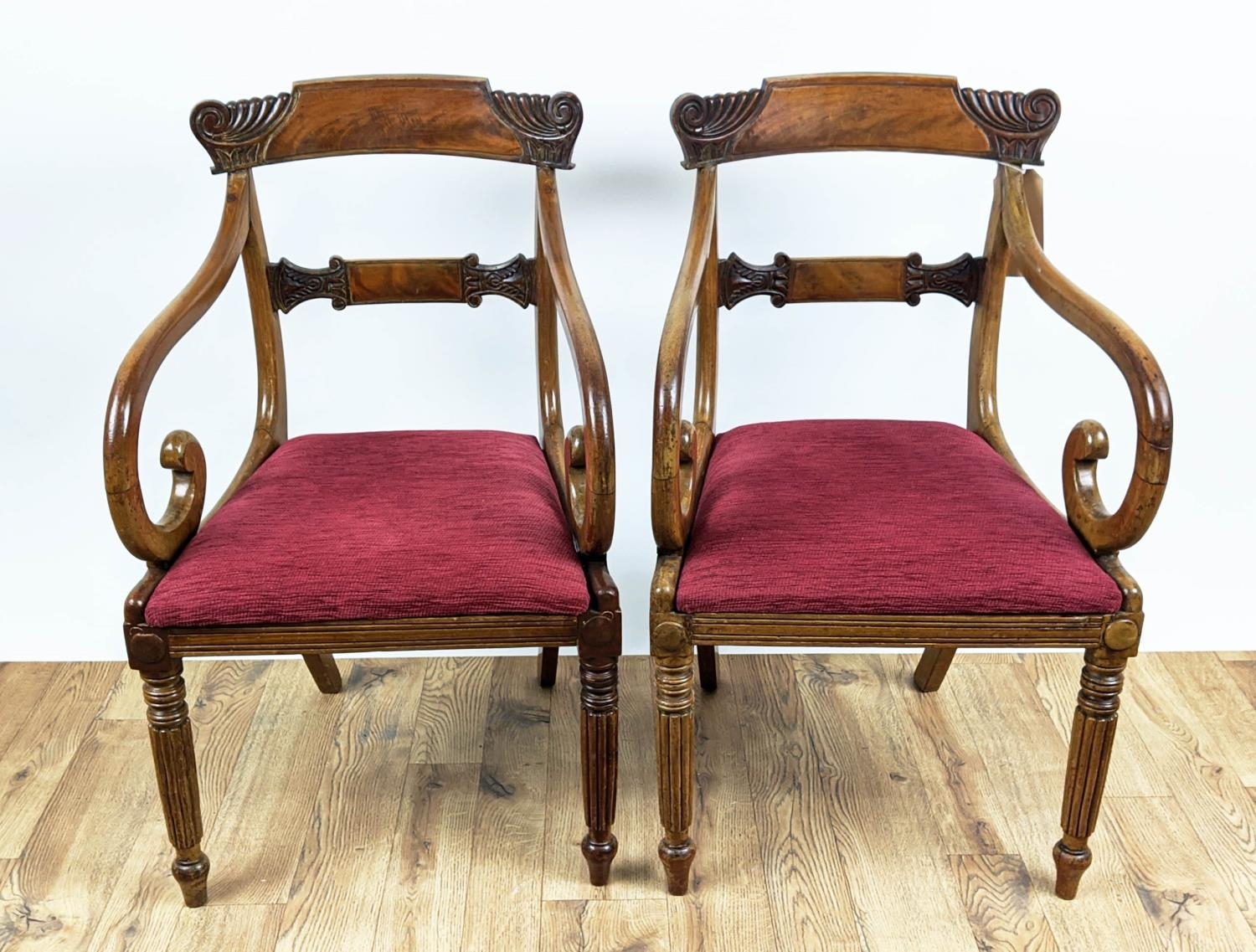 OPEN ARMCHAIRS, a pair, George IV mahogany with drop in seats, 86cm H x 52cm W. (2)