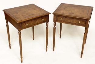 LAMP TABLES, a pair, George III design, burr elm and yew crossbanded each with frieze drawer and