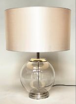 TABLE LAMP, 1970's hand blown glass with drum shade, 83cm H.